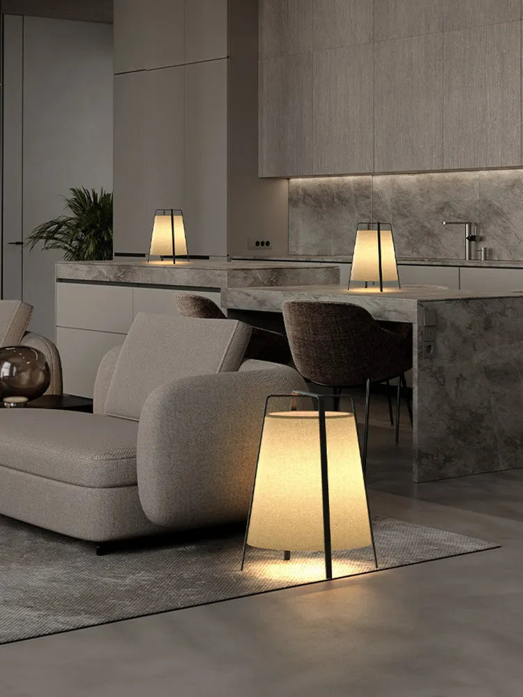 Japanese wabi-sabi floor lamp with cloth shade, iron frame, LED light, 220V push-button switch, 5-10㎡ area.