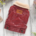 Red PU leather pet coat with two-legged design and fleece lining for small dog winter warmth