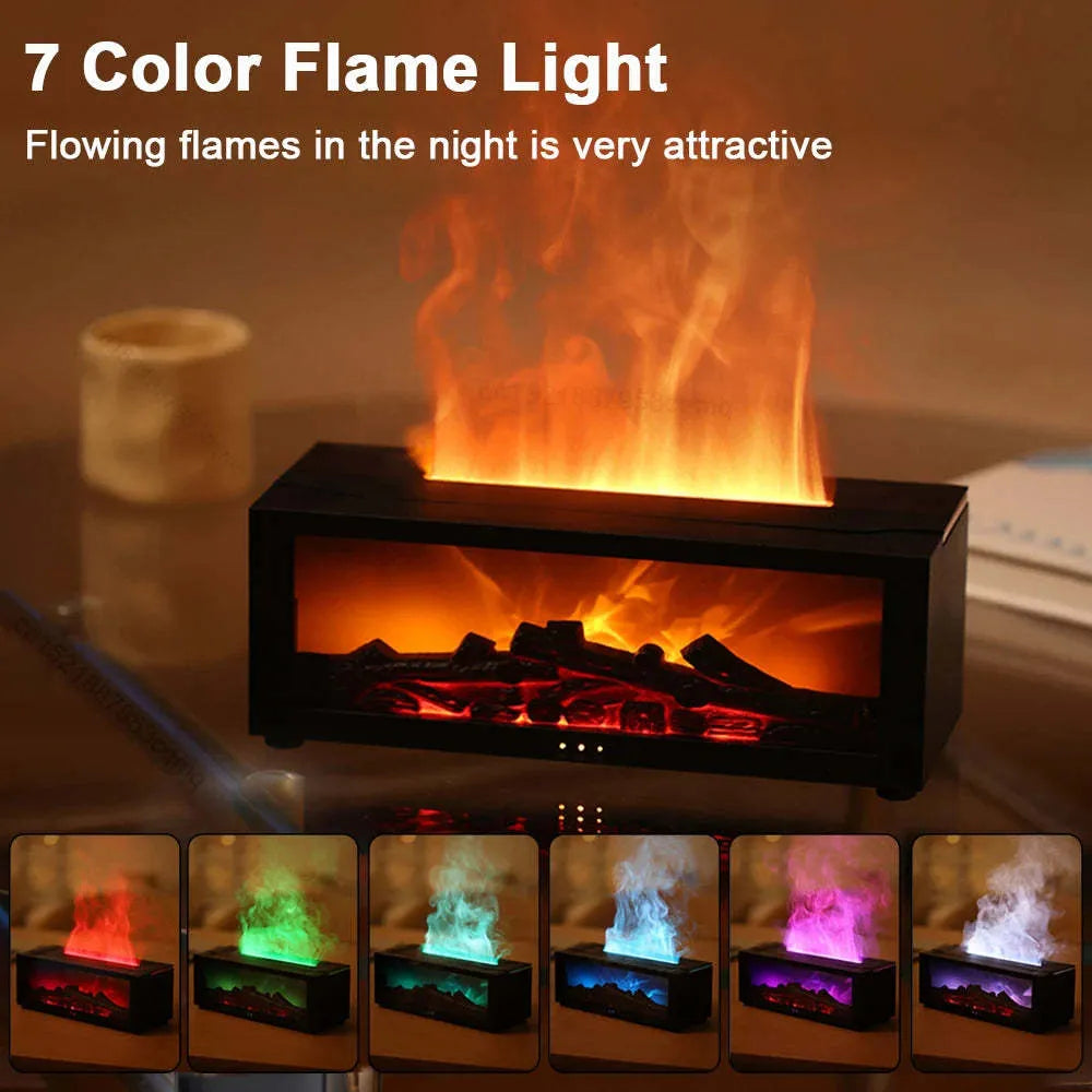Square desktop aromatherapy diffuser emitting mist with a colourful 3D flame effect and mood lights at the base.