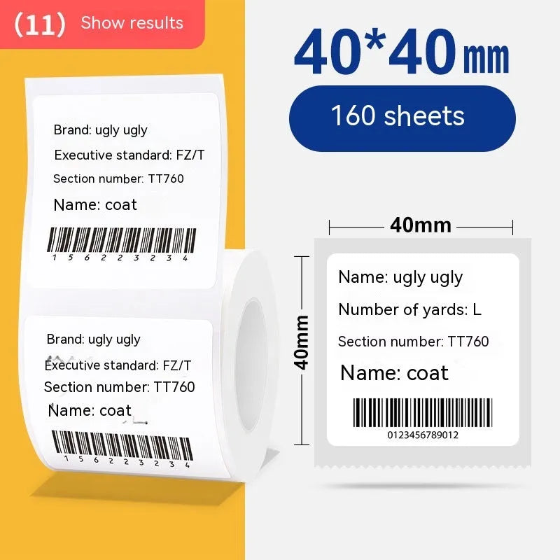 Roll of 40x40mm white thermosensitive paper labels with bright film coating for thermal printing