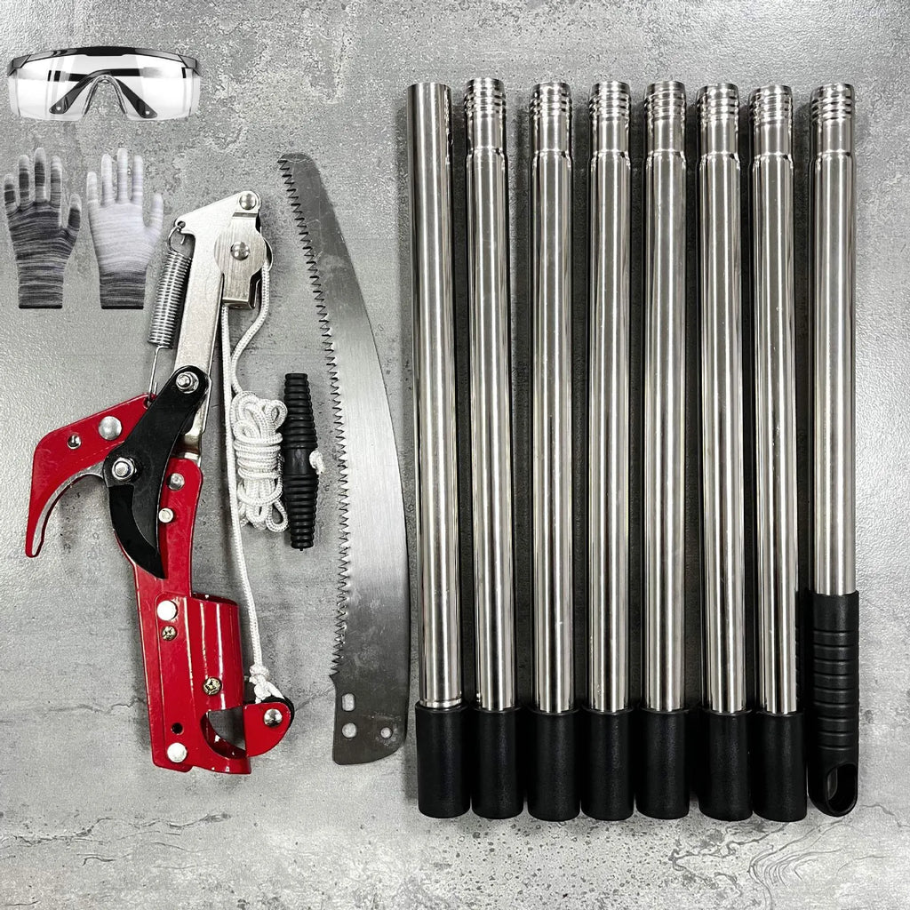 Pull rope pruning shears with 8-section assembly extended to 3.3 metres for high branch cutting