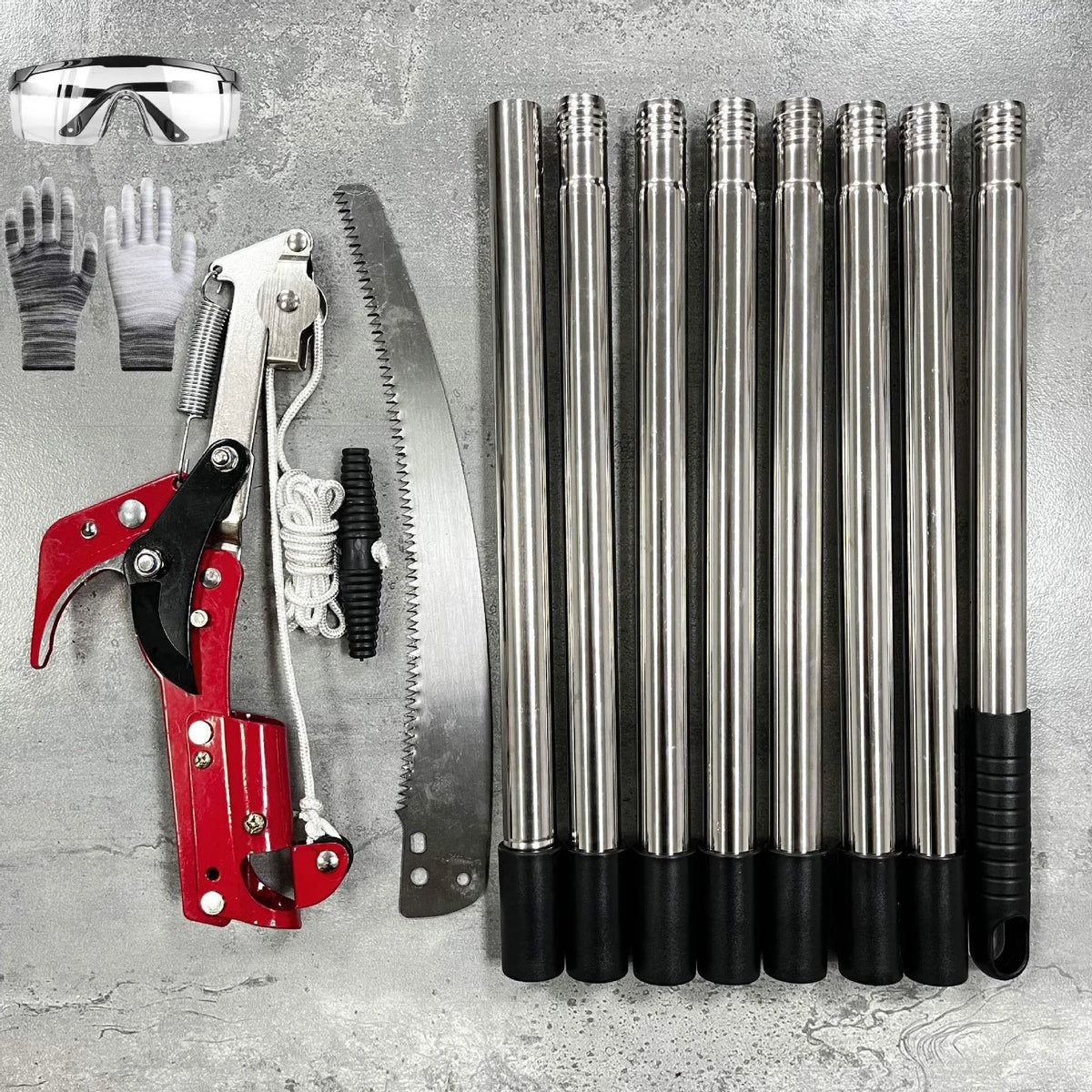 Pull rope pruning shears with 8-section assembly extended to 3.3 metres for high branch cutting