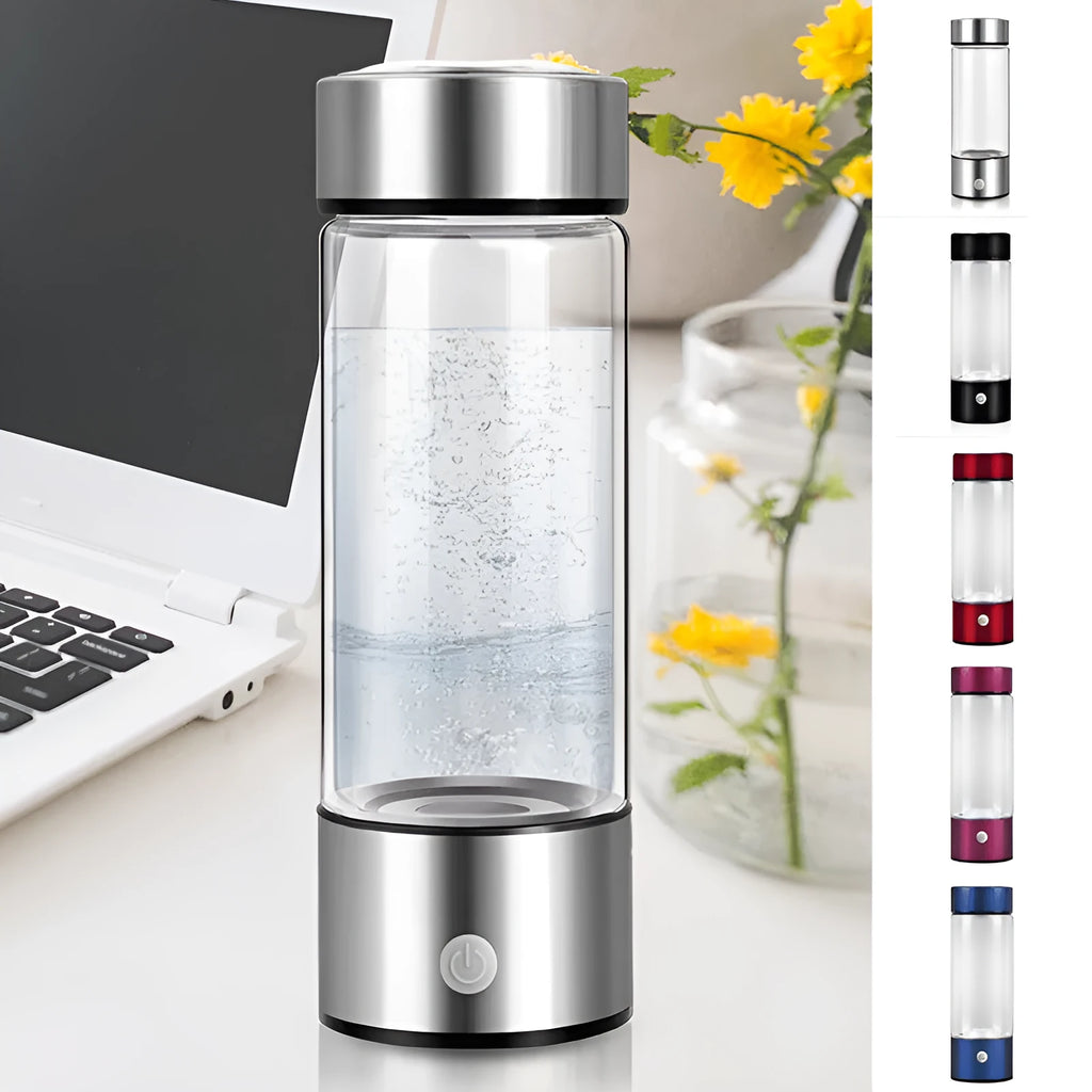 Silver hydrogen water bottle with electric generator and borosilicate glass construction