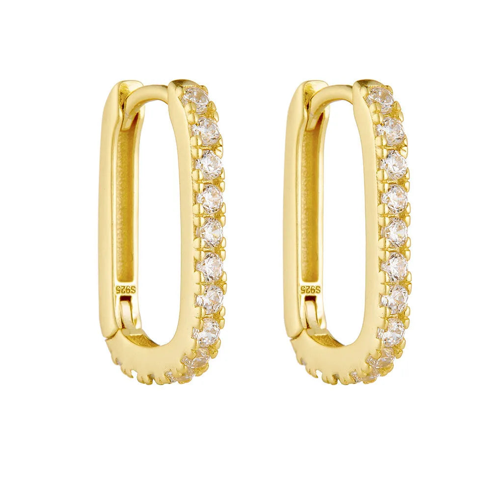 Sterling silver ear clip earrings with oval zircon stones in geometric design