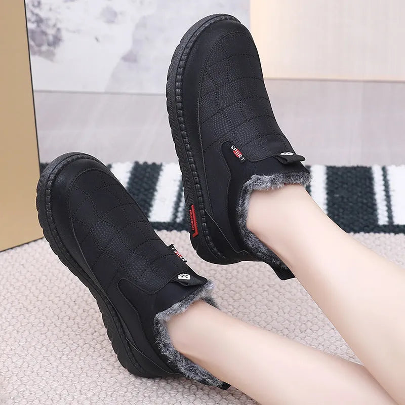 Women's black casual flat cotton boots with synthetic leather upper and rubber soles