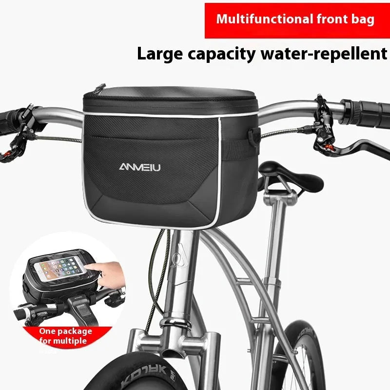 Black polyester folding bicycle bag with 7-inch capacity mounted on handlebars