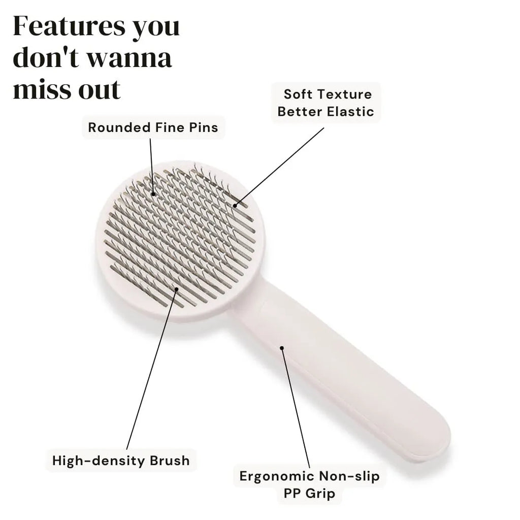 Self-cleaning slicker brush for dogs and cats with blue rubber handle and stainless steel pins