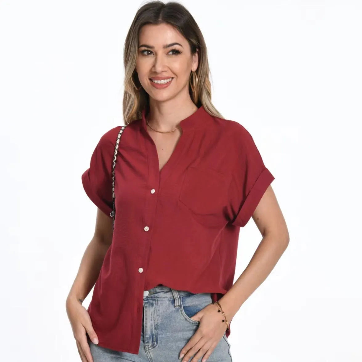 Women's stand collar button-front summer top in polyester with raglan sleeves
