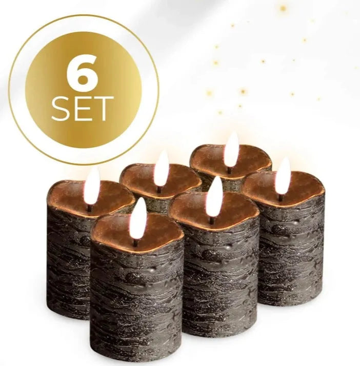 Black S6 LED pillar candle with flickering flame effect, D5X H7CM dimensions