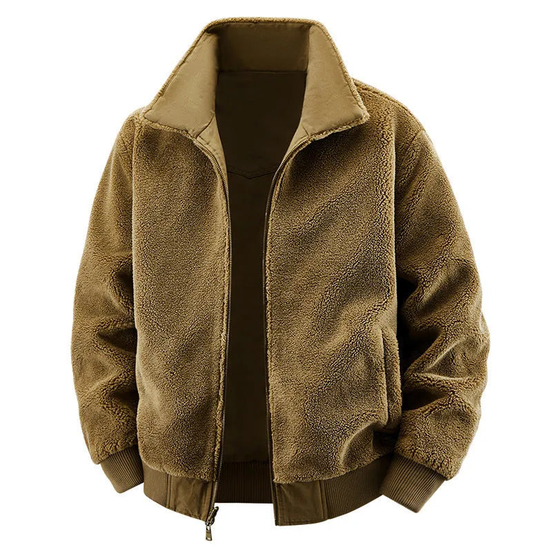 Men's loose casual fleece-lined winter jacket with cotton shell, army green, bag cover seam pockets