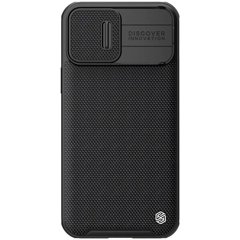 Black textured back cover protective phone case for Apple iPhone 13 Pro Max on a table.