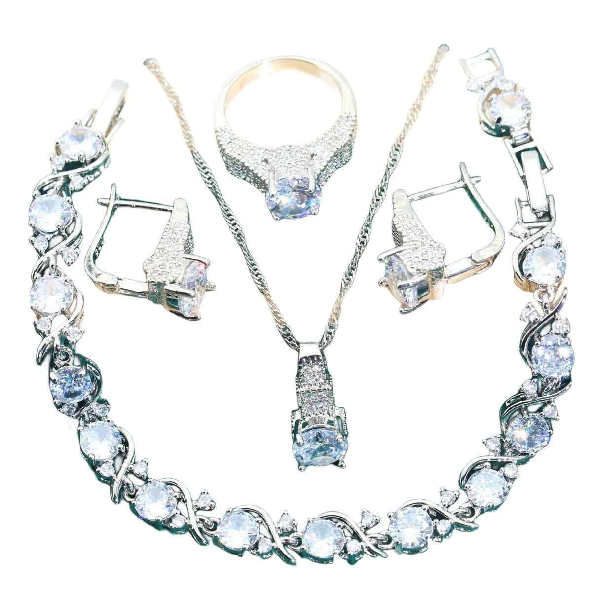 Four-piece bridal jewellery set with zircon chain necklace, bracelet, earrings and ring in alloy with water wave design