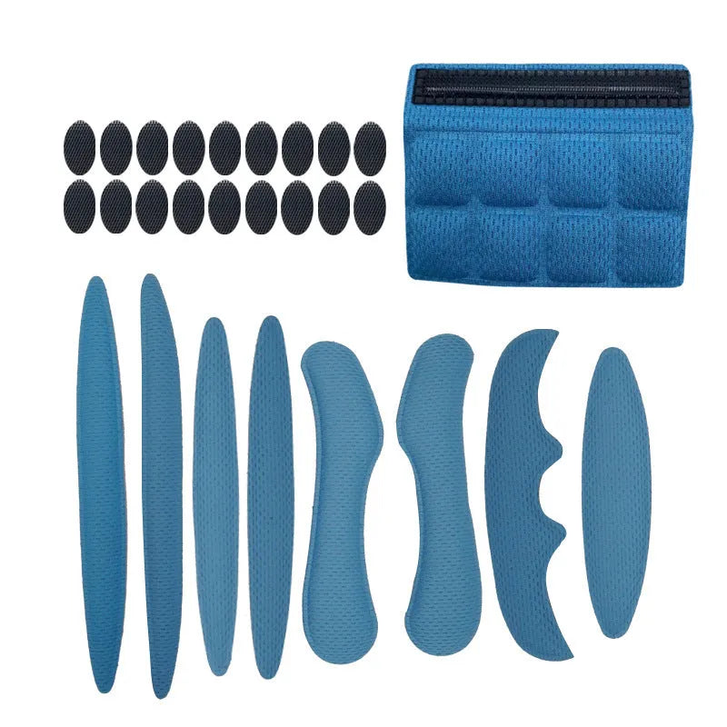 Cycling helmet lining with breathable sponge and velcro chin pad in blue, black, red, and grey colour options