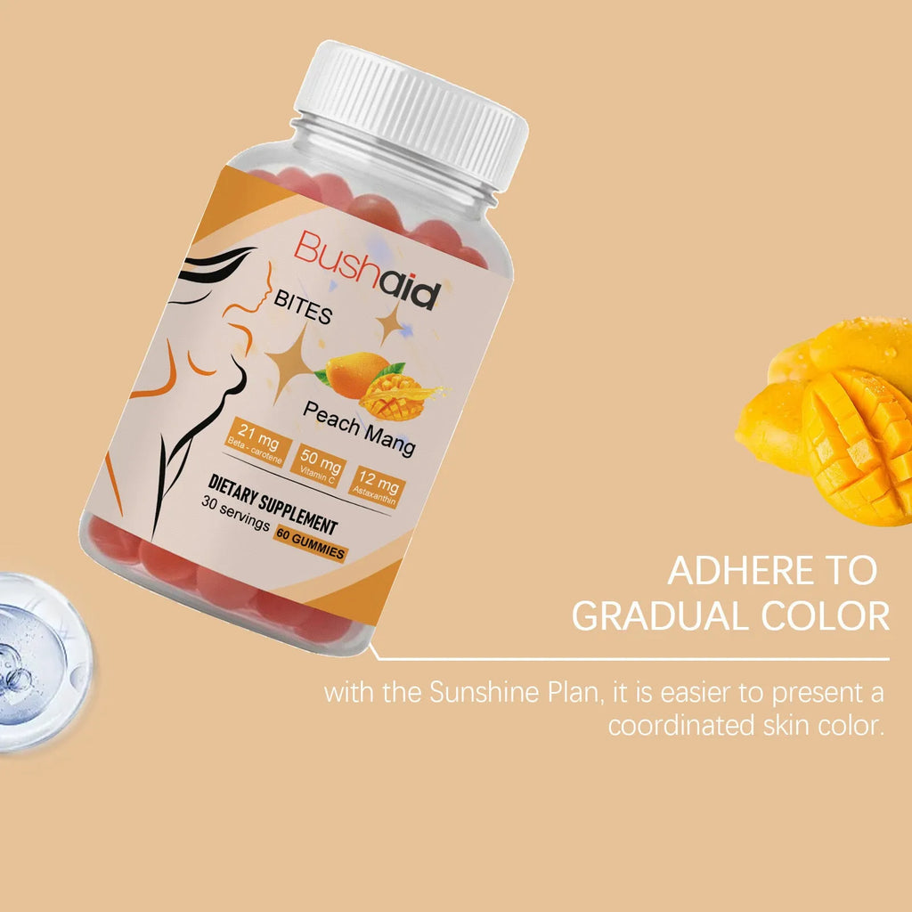 BUSHAID Tanning Gummy Candies dietary supplement showing 60 soft candies with astaxanthin and Vitamin D3