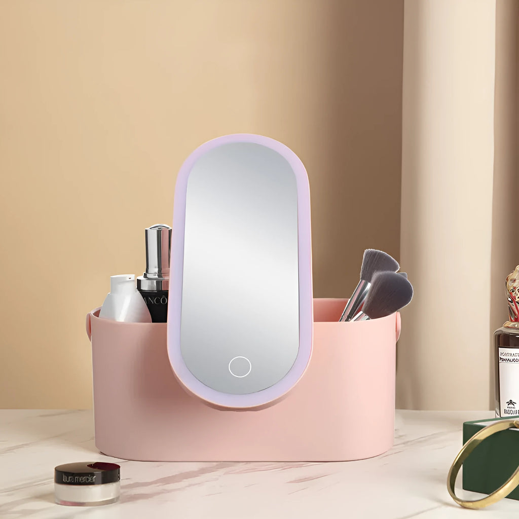 Pink gradient makeup storage box with LED mirror open showing storage compartments and USB charging port