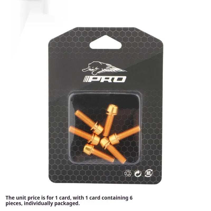 Set of six coloured stainless steel mountain bike riser fixing screws on a card.