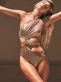 Women's gold backless one-piece swimsuit with Spandex lining shown in sizes S, M, L