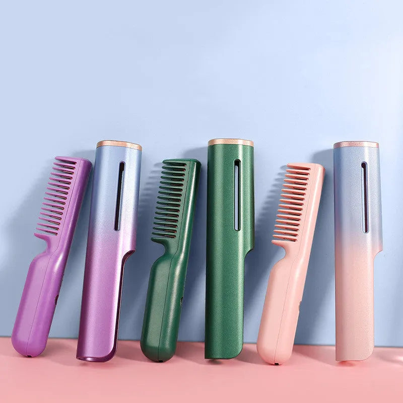 USB straight hair comb with tourmaline ceramic heat conductor, 3D gradient pink or green shell, and ten temperature settings