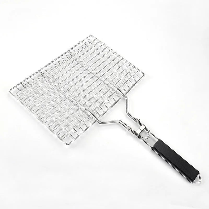 Square stainless steel folding barbecue mesh basket with a cleaning brush.
