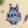 Baby girl wearing sleeveless triangle jumpsuit with front printed knotted suspenders in milk silk polyester fabric