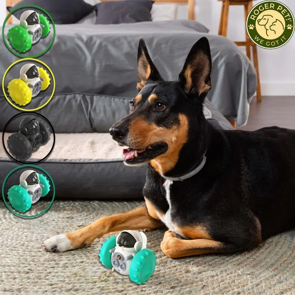 Robot-style interactive dog treat toy with roller mechanism for slow feeding, measuring 141mm