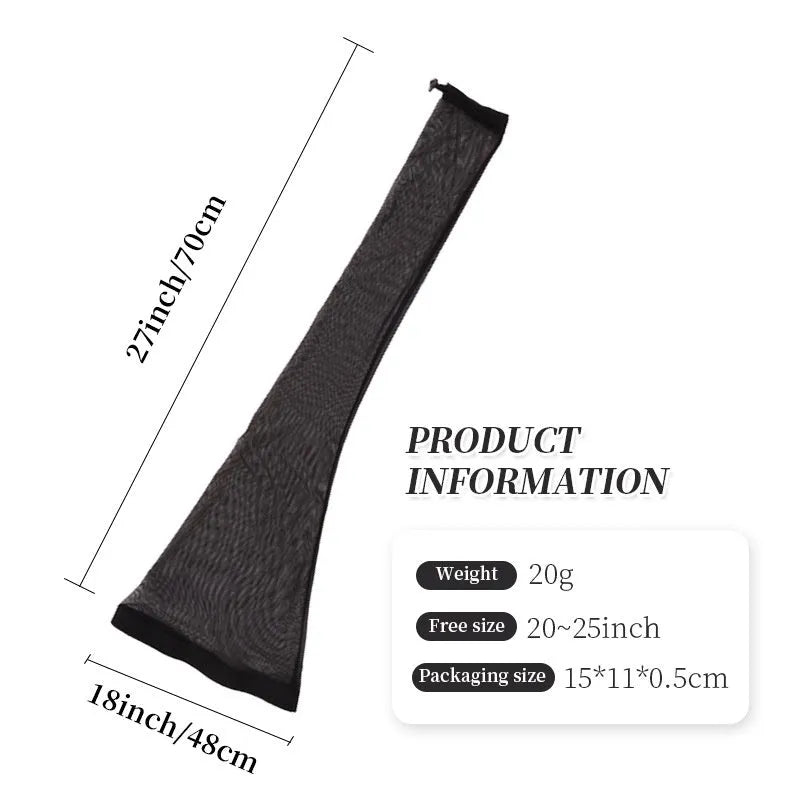 Adjustable mesh wig cap in spandex material showing oversleeve design for custom fit