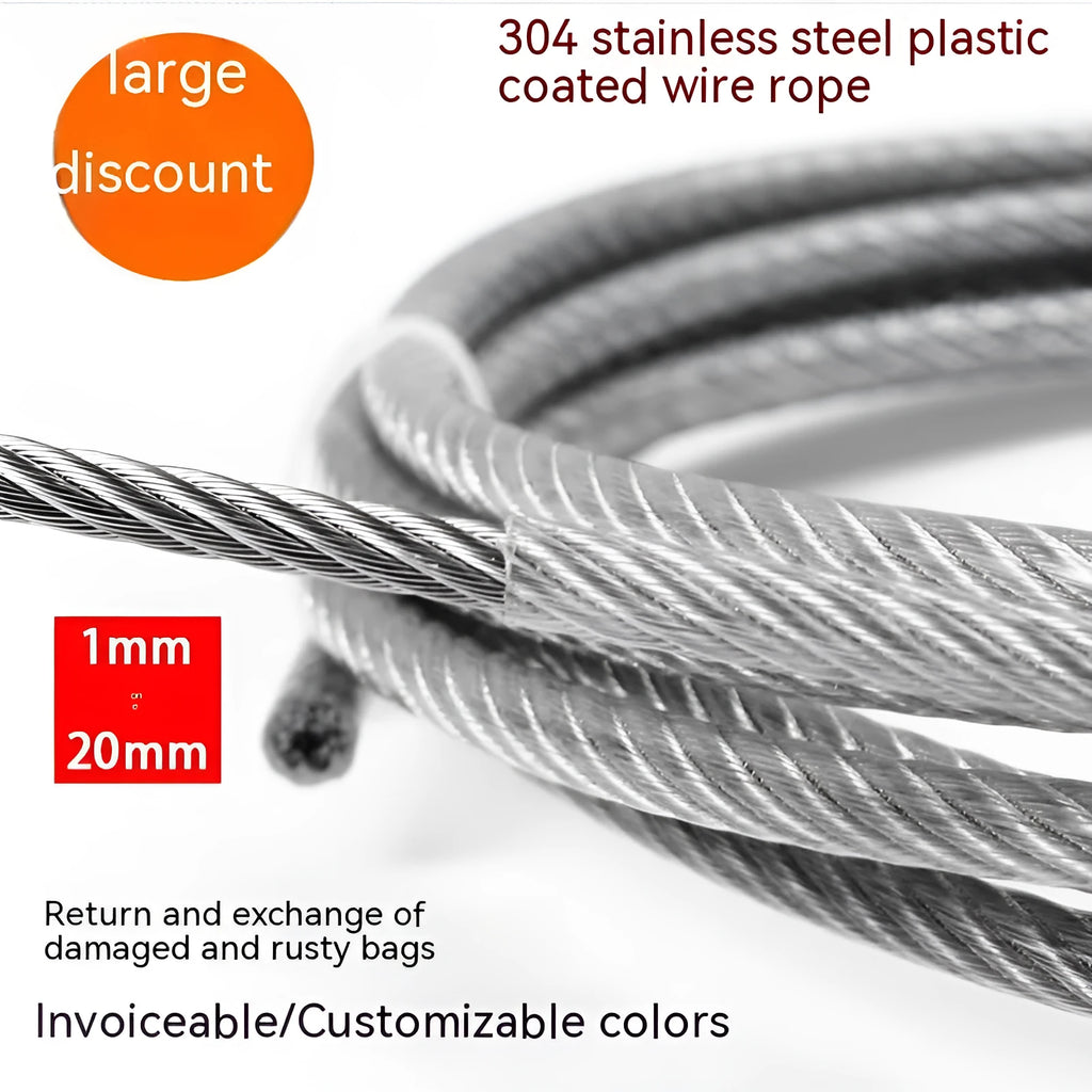 Close-up of a coiled 304 stainless steel multi-strand security cable with a coated finish.