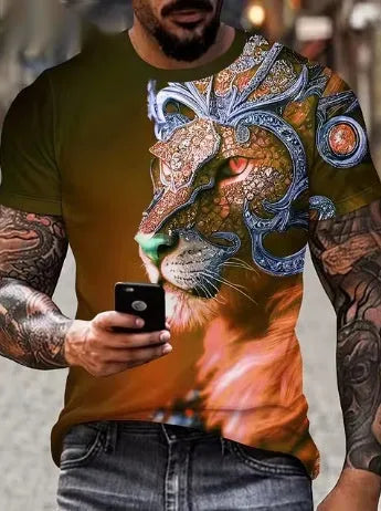 Men's black t-shirt with raised 3D lion graphic print on chest, polyester fabric casual top
