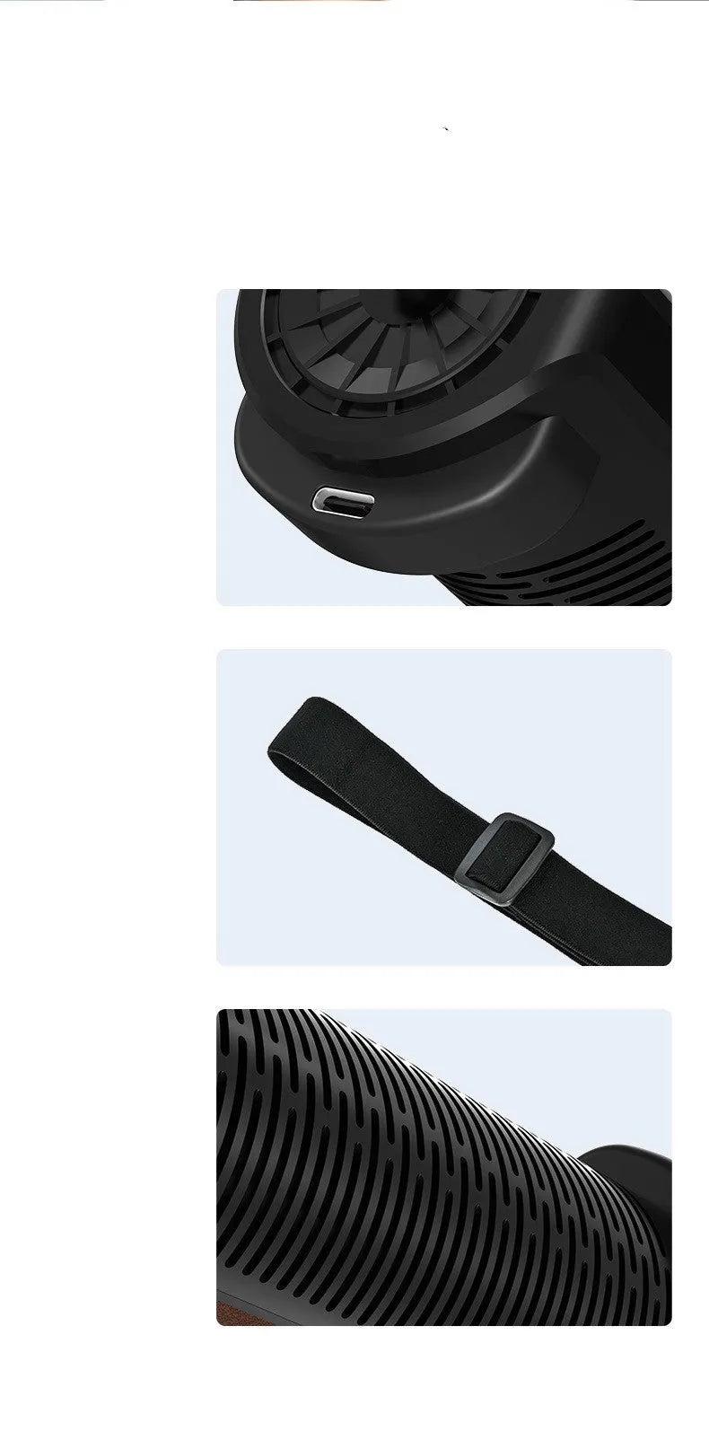 Black ventilated bladeless car fan with USB power cord for vehicle mounting