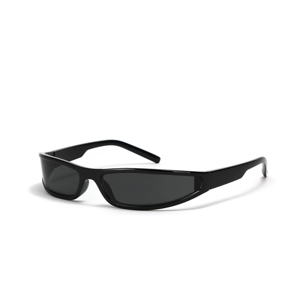 Narrow frame sunglasses with mercury finish in bright black and gray colour, showing future style design with slim profile