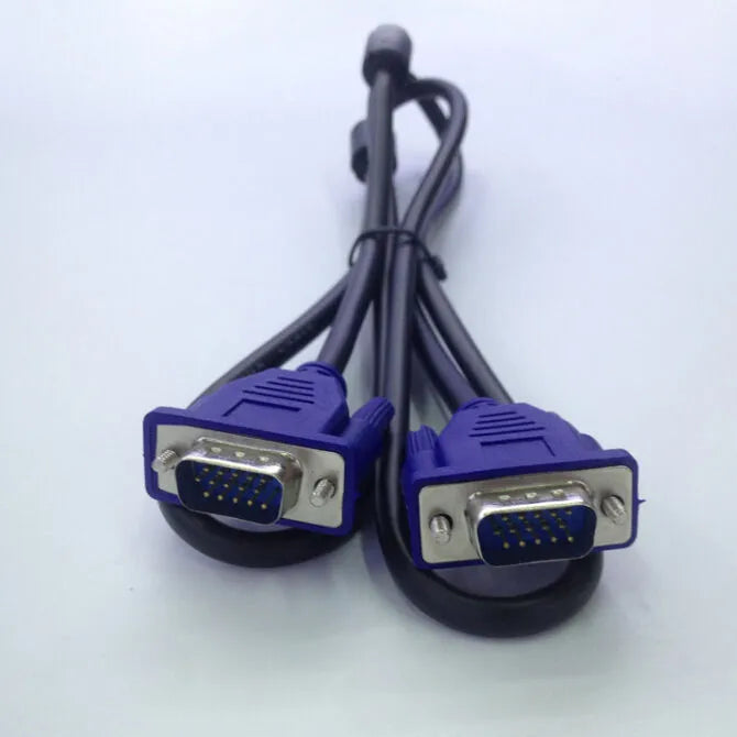 Black VGA cable with blue moulded heads measuring 1.5 metres for computer monitor connections