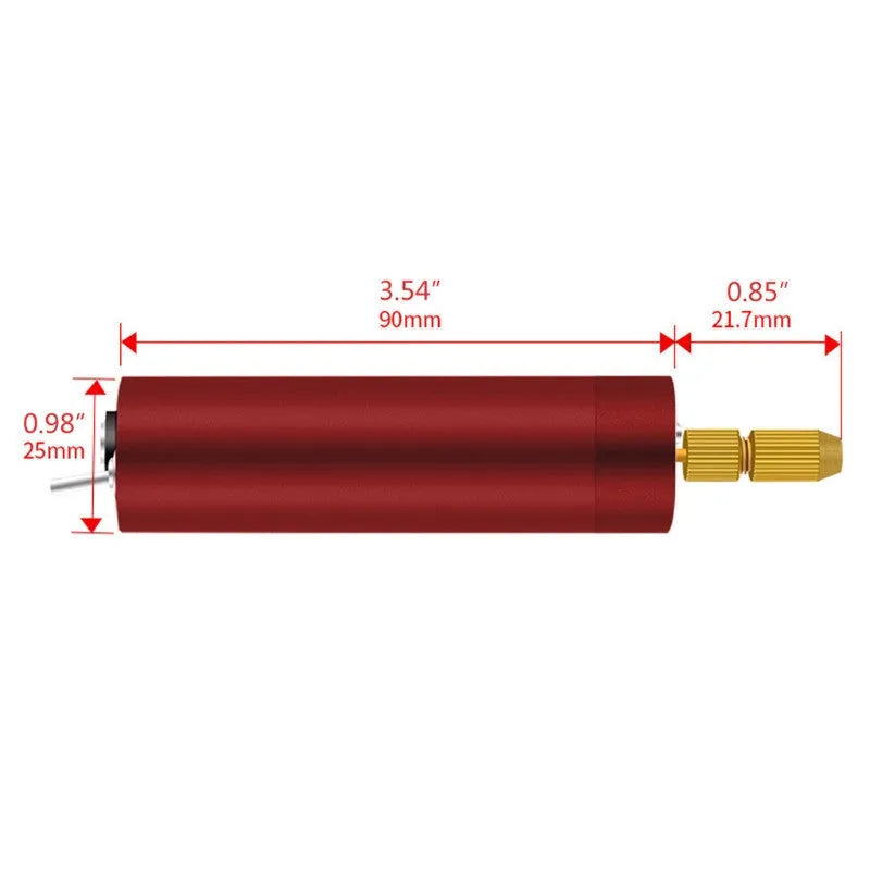 Micro aluminium USB electric grinder with three drill bits on a wooden table