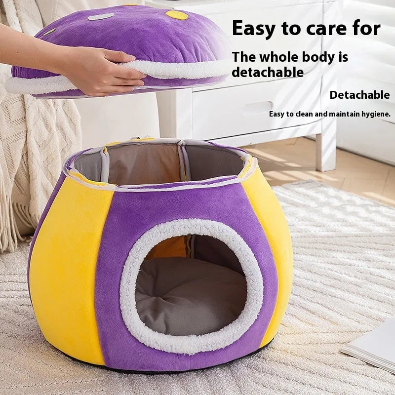 Grey mushroom-shaped plush cat bed with a thick, soft interior for pet comfort.