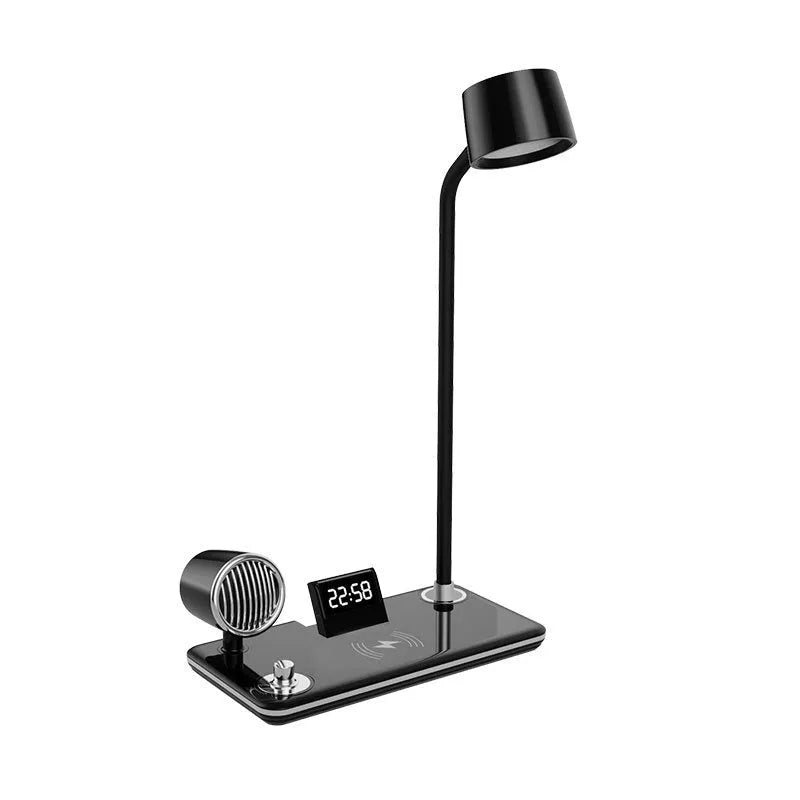 Black desk lamp with wireless charging pad, digital clock display, and adjustable lighting