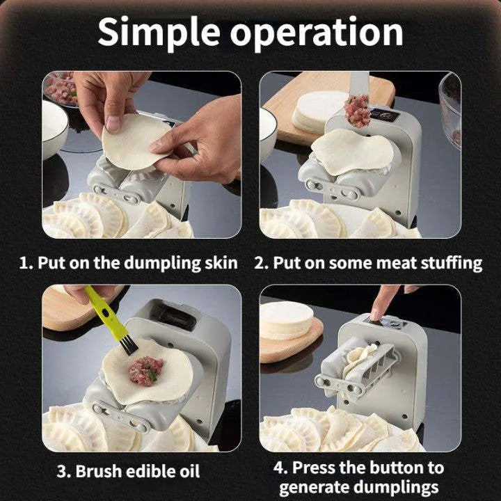White electric automatic dumpling maker machine with accessories on a kitchen counter.