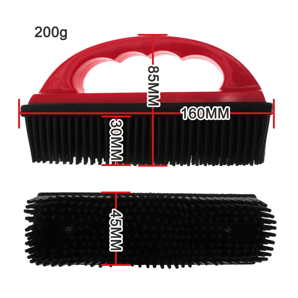 Red pet hair removal brush measuring 160x85mm for grooming dogs cats and cleaning car seats upholstery