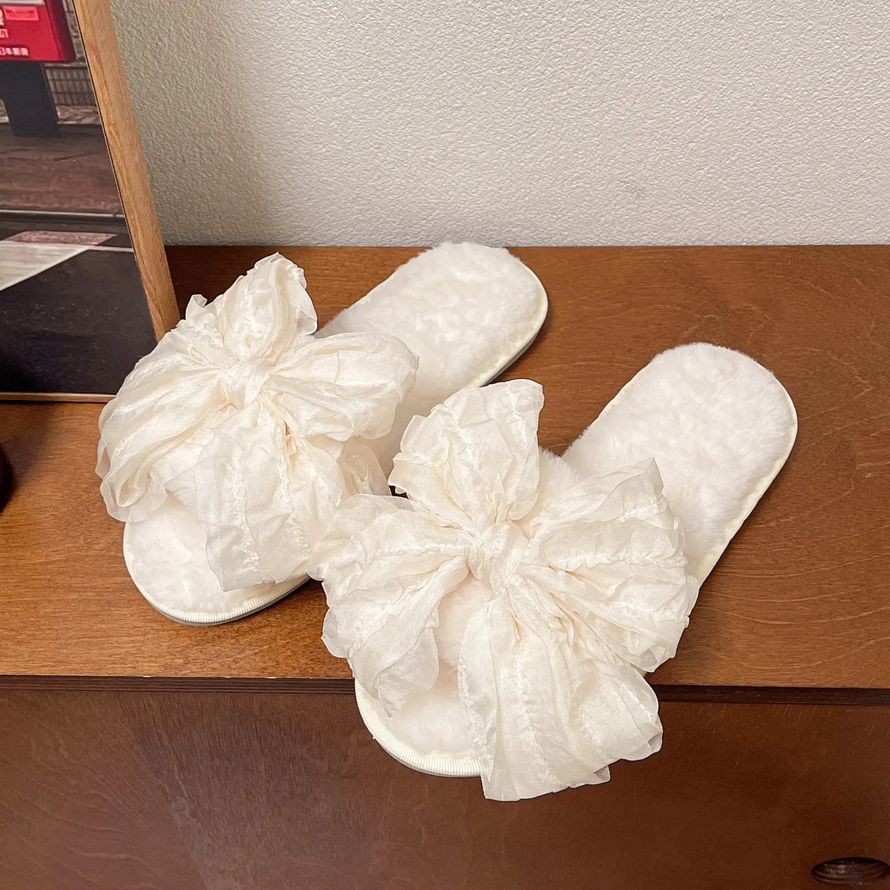 Sweet style big bow plush cotton slippers for women, round toe, soft TPR sole, available in pink white and green colours