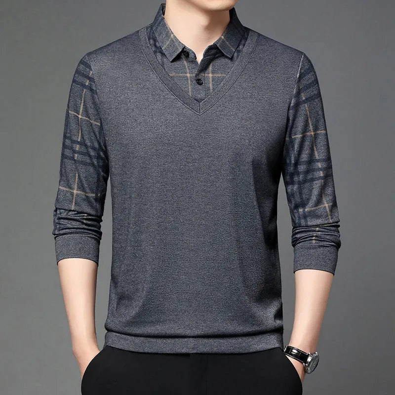 Fake two-piece lapel long-sleeved men's t-shirt in khaki, striped asymmetric design on a model