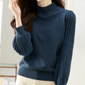 Slim fit half turtleneck shirt in core-spun yarn with spandex, showing sunken stripe detail and regular sleeves