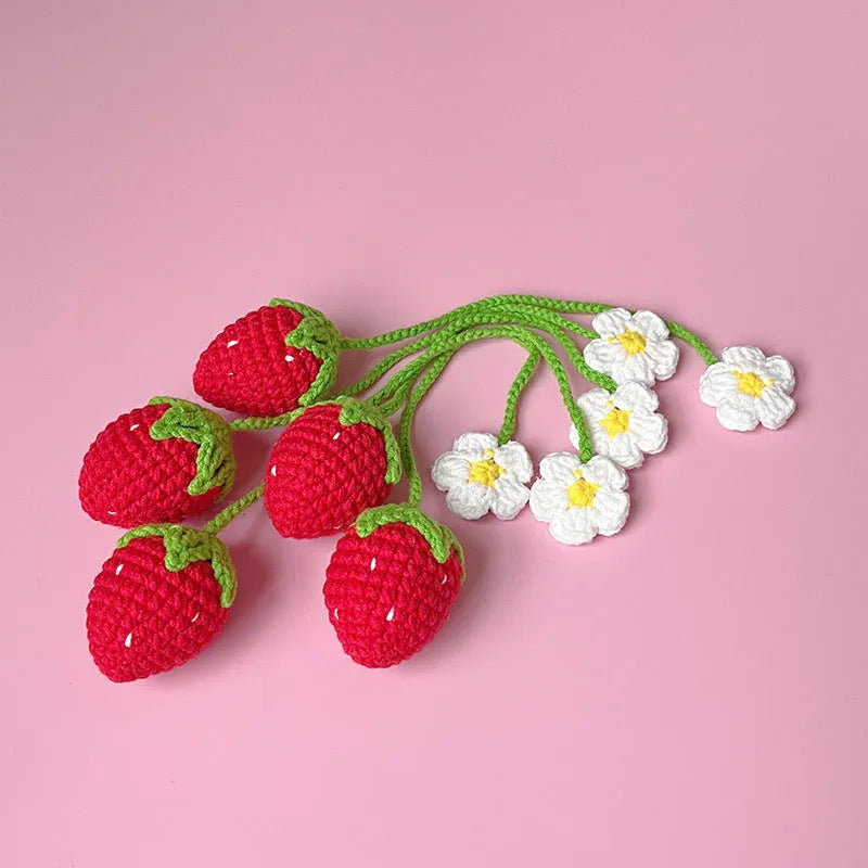 Hand-crocheted wool strawberry pendant necklace on 35cm chain in red colour