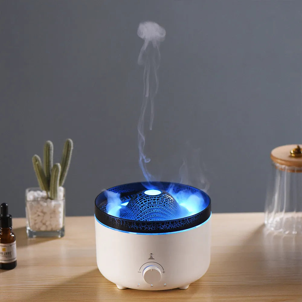 White simulated flame volcano humidifier diffuser with remote control on tabletop