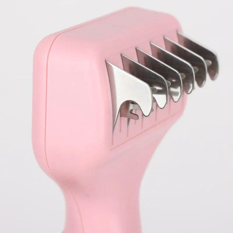 Pink and purple handled pet grooming comb with stainless steel de-matting knife and brush.