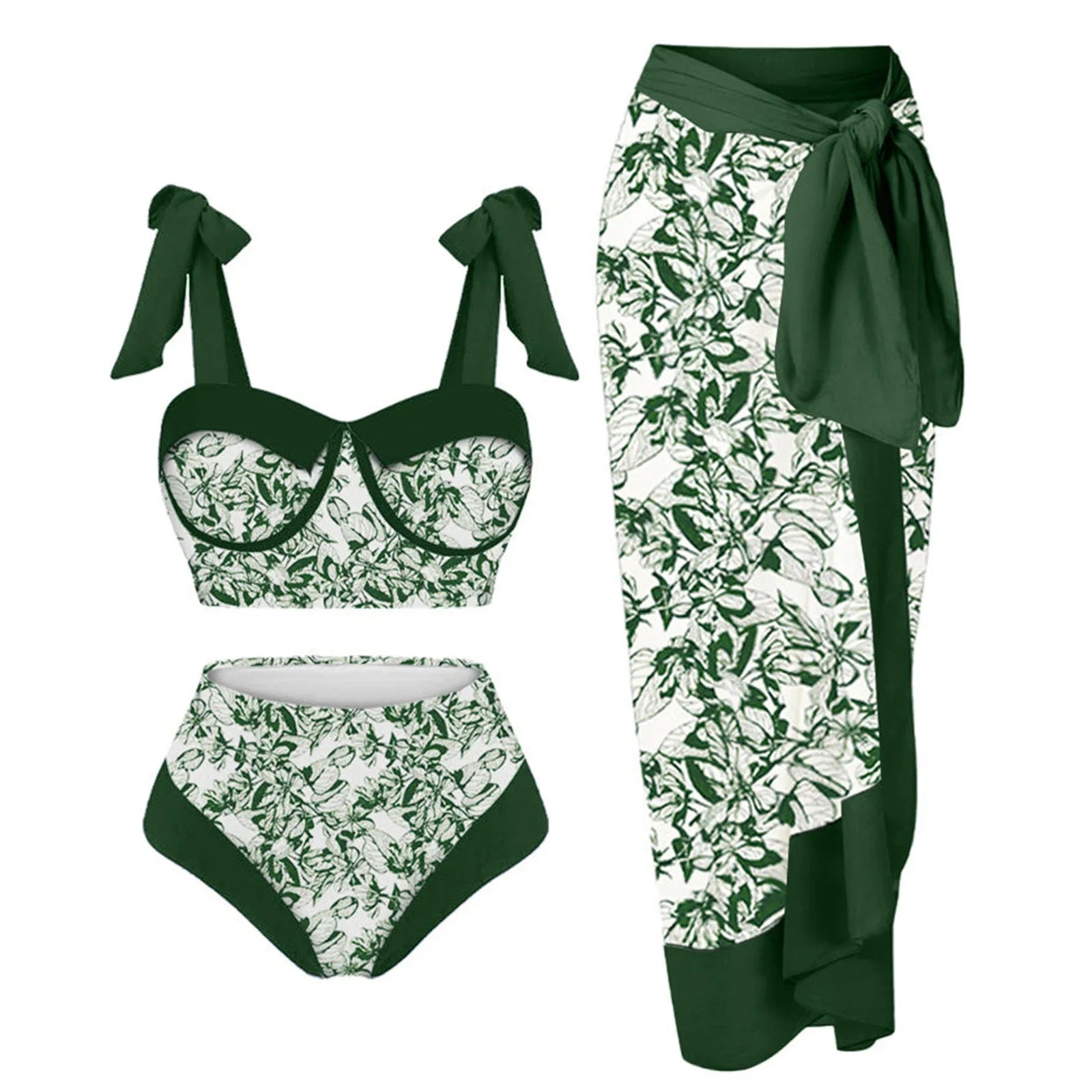 Women's printing split swimsuit three-piece set showing polyester fabric with high elasticity in floral pattern