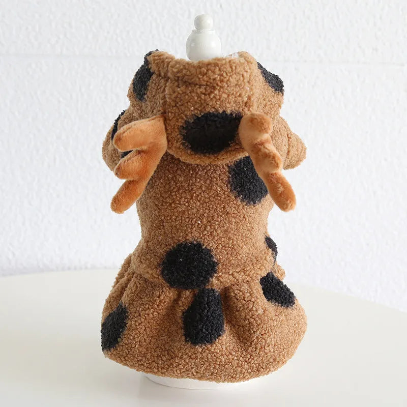 Polka dot elk couple pattern pet clothing in five sizes with four-leg and skirt-style designs