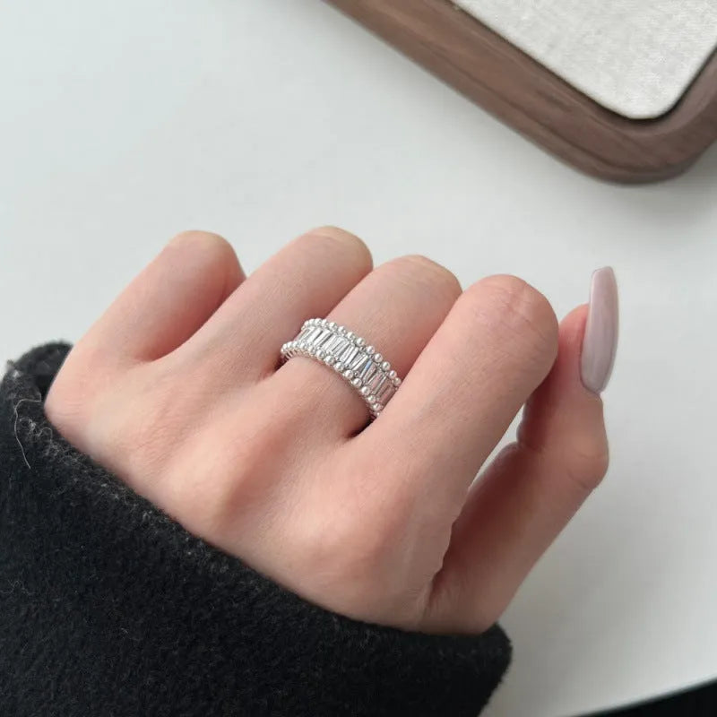 Sterling silver geometric ring with high-grade zircon inlay and freshwater pearl, sizes 5 to 9