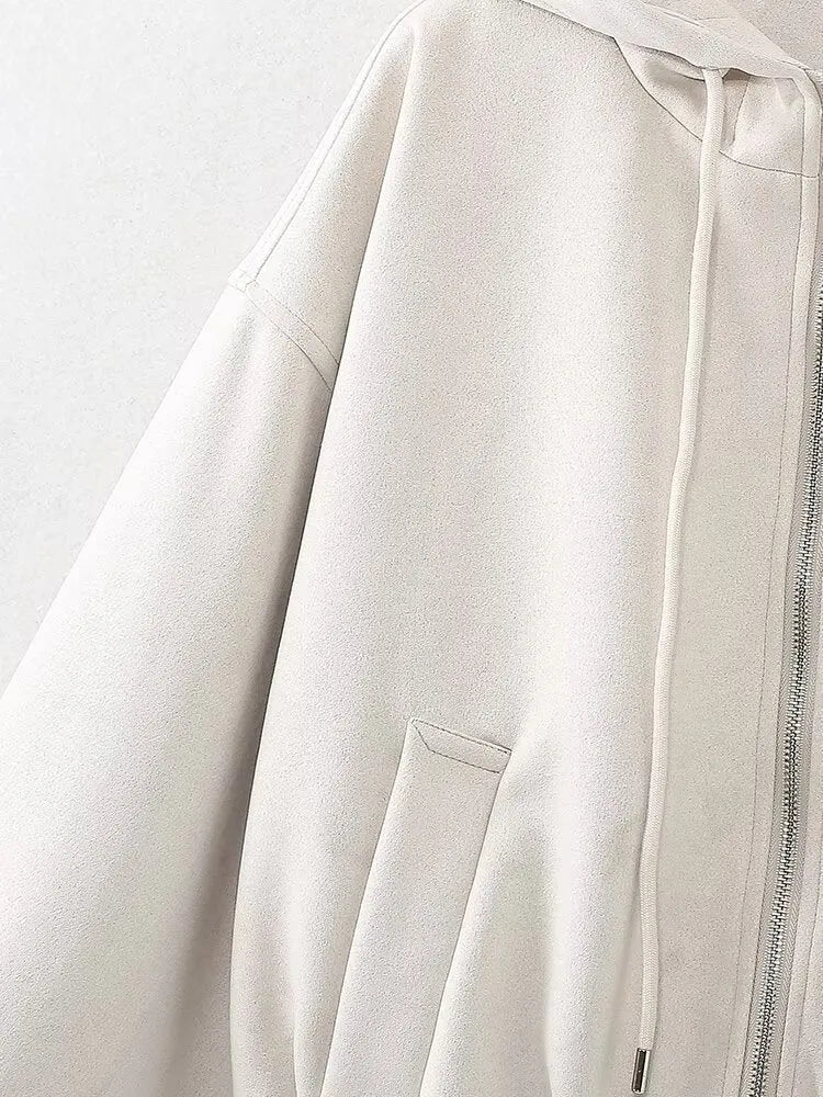 Women's suede hooded jacket in black or white casual styling