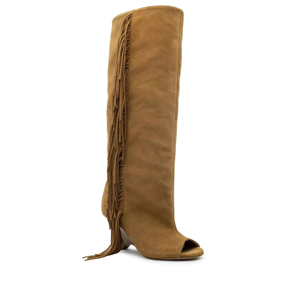 Women's suede peep toe wedge sandal boots with 6-8cm high heel and tassel detail