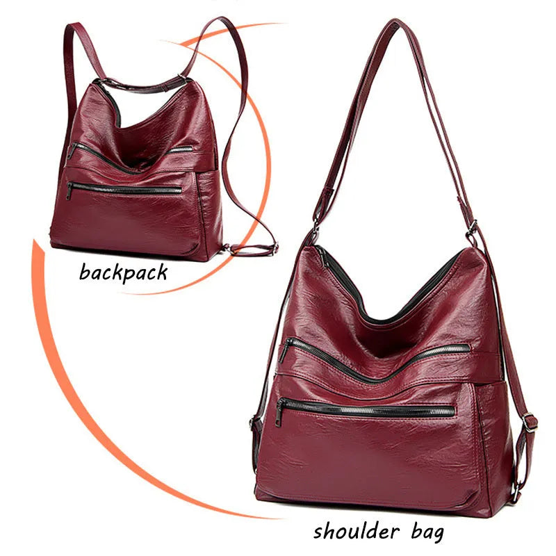 Double zipper shoulder bag for women with adjustable strap, large vertical shape, PU leather, pleated stitching, wine red colour