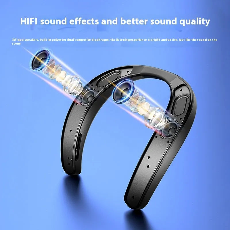 Neck-mounted stereo wireless Bluetooth speaker in black with USB charging port on a clean background.