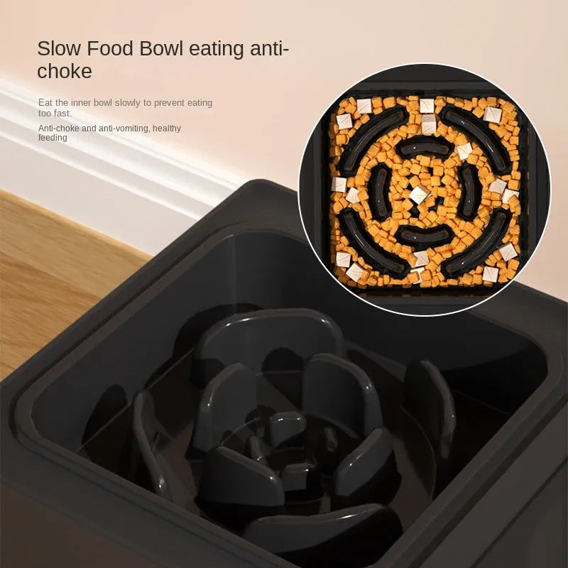 Adjustable height pet feeding stand with stainless steel bowls in black or grey colour options
